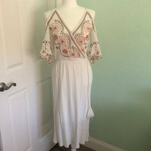 White embroidered cold shoulder dress